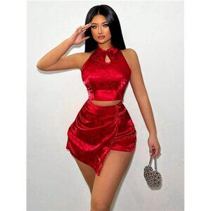 Cheongsam Collar Water Drop Shaped Hollow Out Buckle Two Piece Set With Dragon